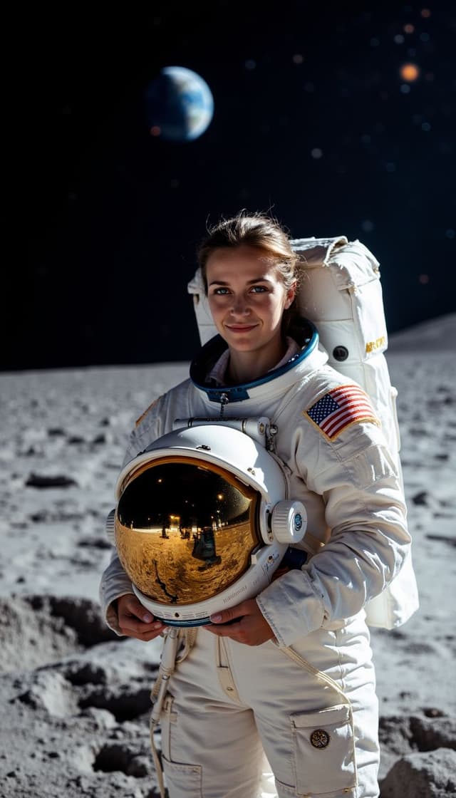 Me as an astronaut on the Moon, wearing a NASA spacesuit, holding my helmet, with Earth visible in the starry sky behind me.
