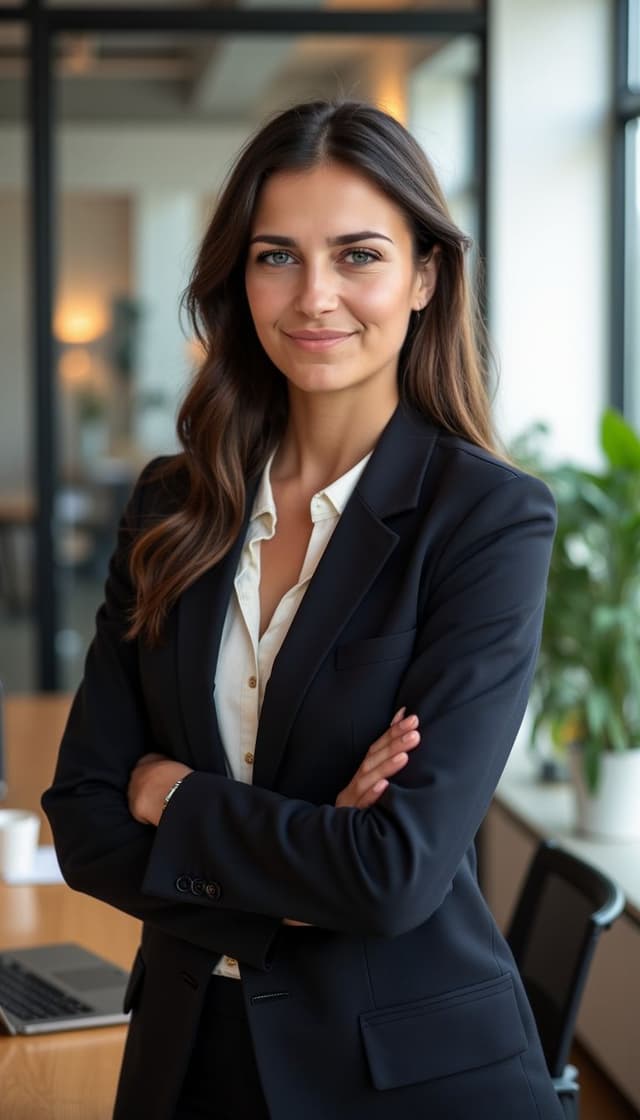 Me in a modern office, wearing a professional black blazer and white blouse, arms crossed, smiling confidently, with a bright and elegant workspace in the background.