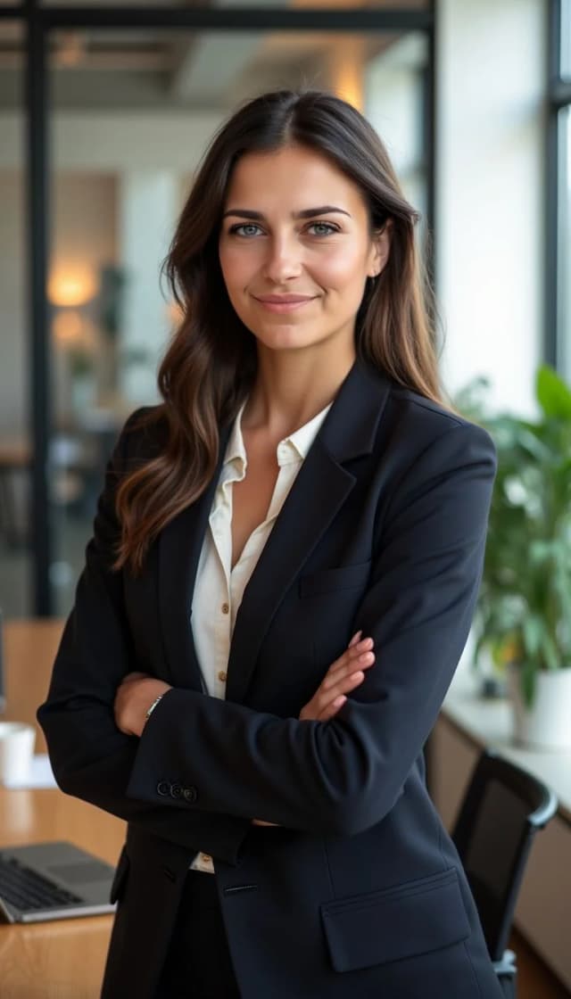 Me in a modern office, wearing a professional black blazer and white blouse, arms crossed, smiling confidently, with a bright and elegant workspace in the background.