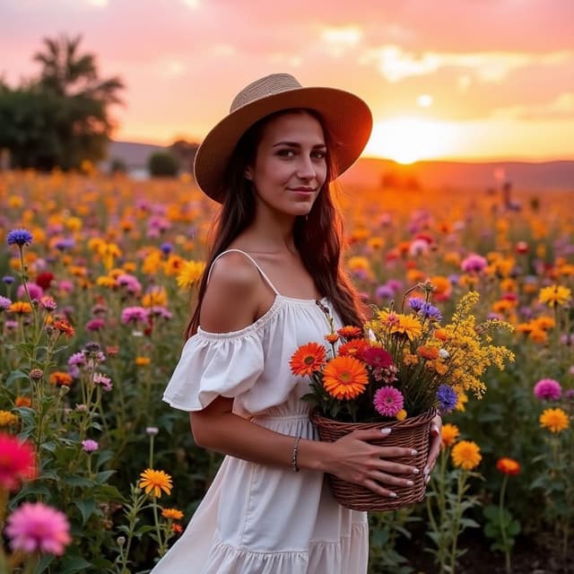 Me in a flower garden at sunset, wearing a white bohemian dress, a straw hat and holding a basket of wildflowers