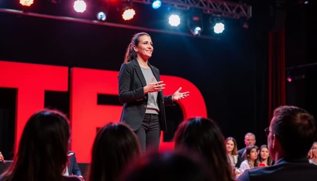 Me giving a TED Talk on a big stage, wearing a stylish suit, confidently speaking to a large audience, with a red TED logo behind me and stage lights illuminating the scene.