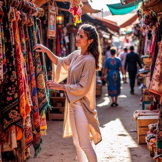 Travel photo of me exploring a colorful market in Marrakech, wearing a light tunic, white pants and sandals, touching colorful fabrics