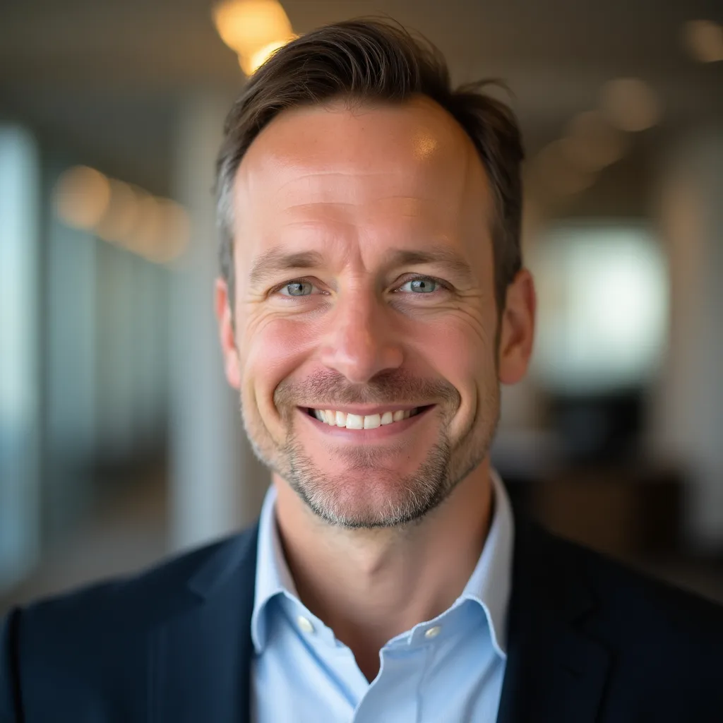 Photo de profil LinkedIn d'une femme avec un sourire chaleureux et un fond flou