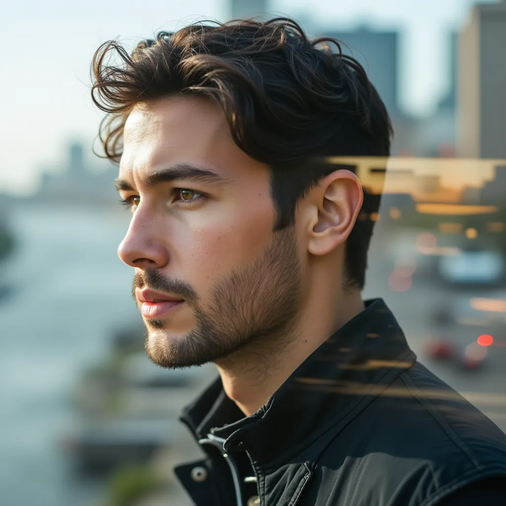 Retrato artístico de un hombre con un fondo geométrico