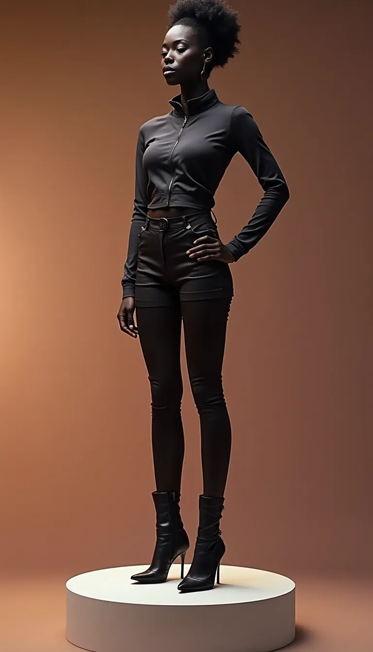 ai fashion week black female model on a podium in futuristic couture