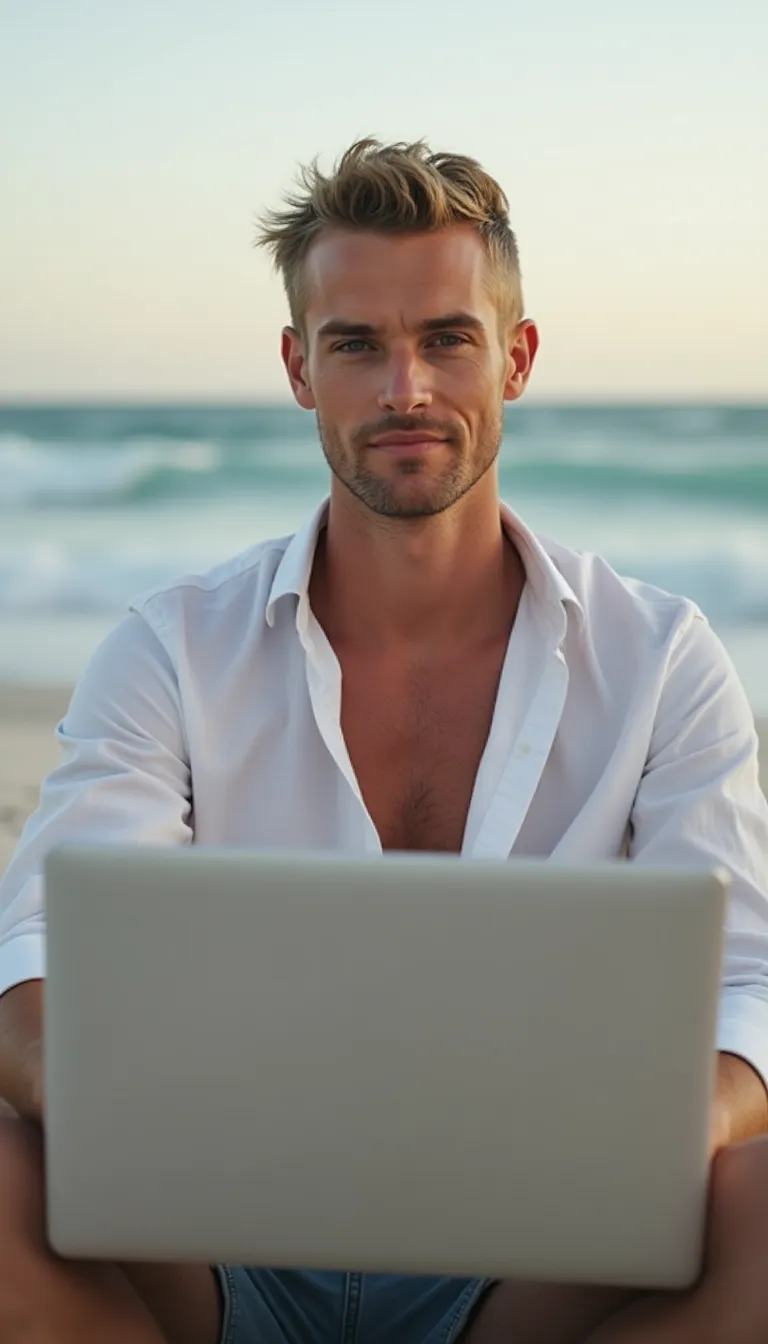white-man-with-a-laptop-enjoying-a-beachside-setting