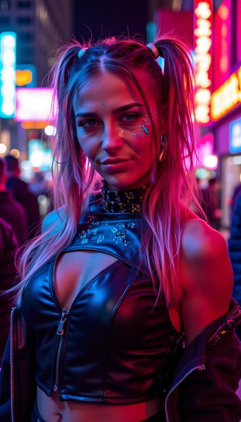 Verwandle dein Bild in einen futuristischen Cyberpunk.