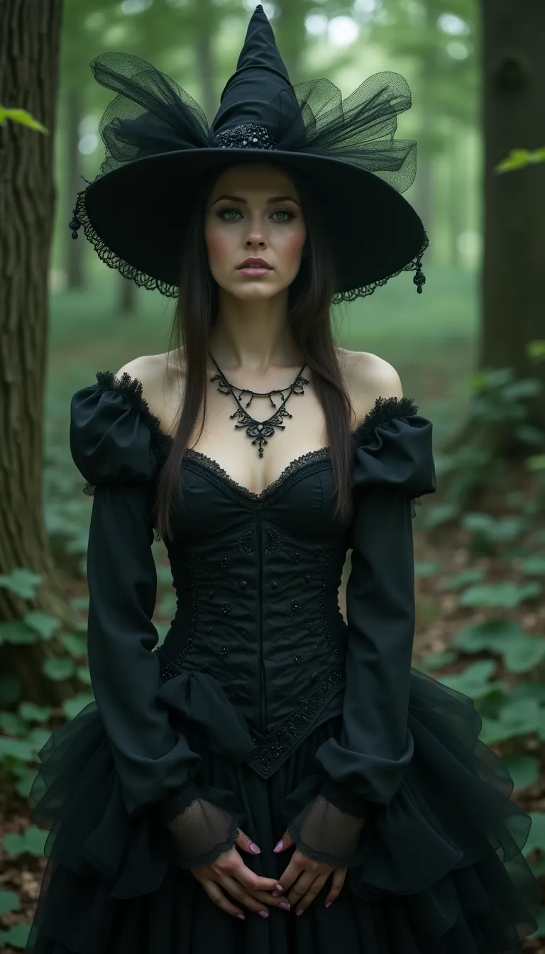 halloween white woman as a seductive witch in an enchanted forest