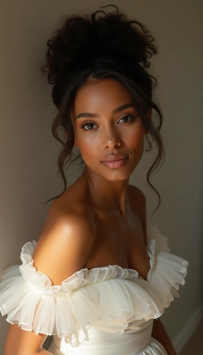 black woman in a wedding dress  softly lit with a romantic background
