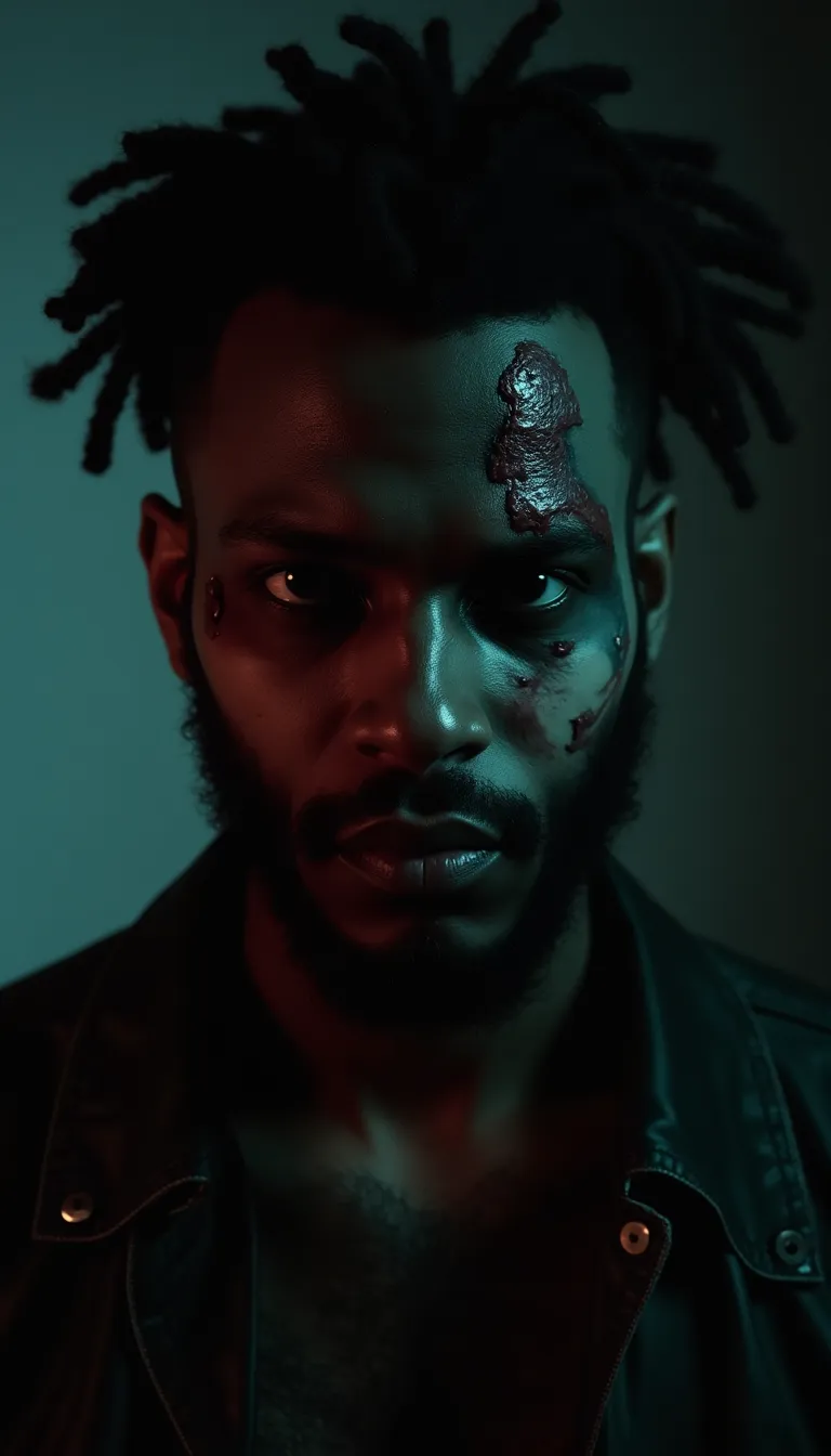 black man with a zombie theme  eerie lighting and a haunting atmosphere