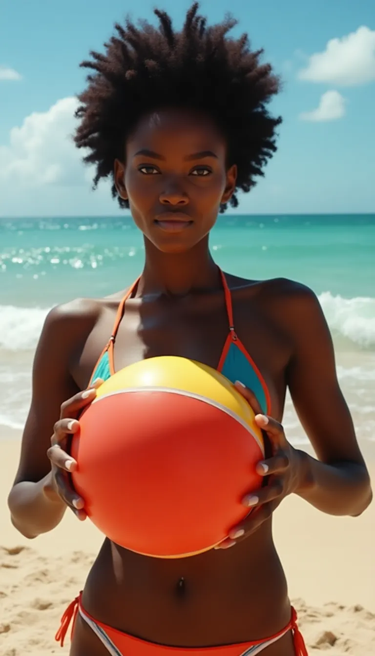 black-woman-holding-a-colorful-beach-ball--sandy-shores