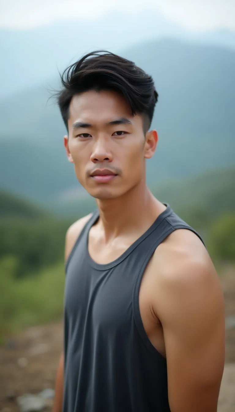 asian-man-in-a-tank-top--with-a-scenic-mountain-backdrop