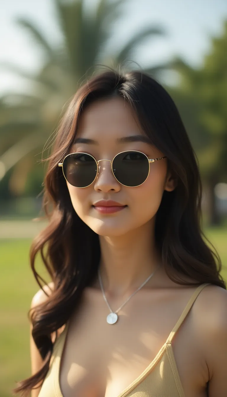 asian woman in sunglasses  smiling in a sunny park